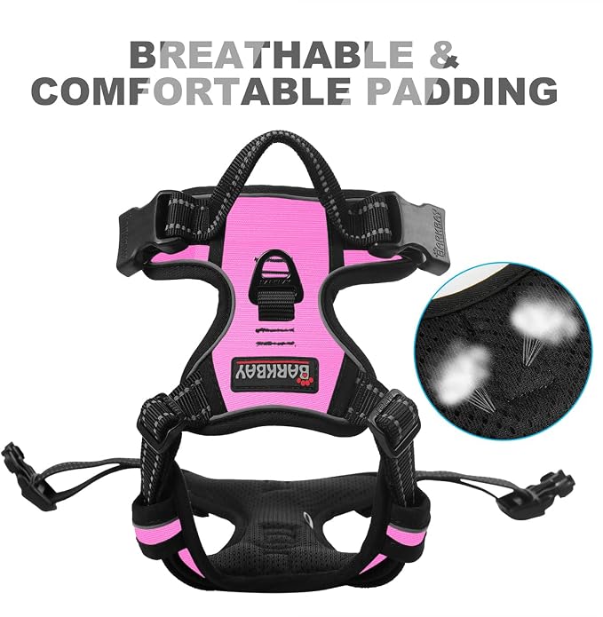 BARKBAY No Pull Dog Harness Front Clip Heavy Duty Reflective Easy Control Handle for Large Dog Walking(Pink,M)