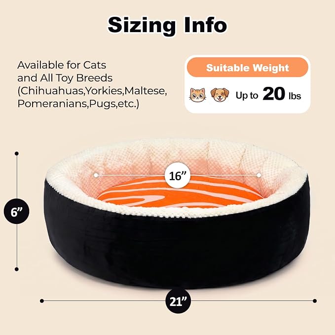 Cat Bed for Indoor Cats, 21" Washable Round Pet Bed for Cats & Small Dogs, Sushi Soft Fluffy Calming Bed for Kitten and Puppy with Anti-Slip Base