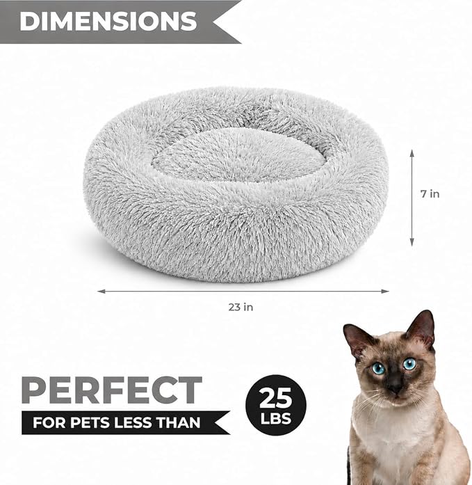 Whiskers & Friends Cat Beds for Indoor Cats, Fluffy Calming Donut Cat Bed, Small Dog Bed Washable - Orthopedic Soft Plush Pet Beds Sized for Kitten to Large Cats & Puppy to Small Dogs, Light Grey 23''