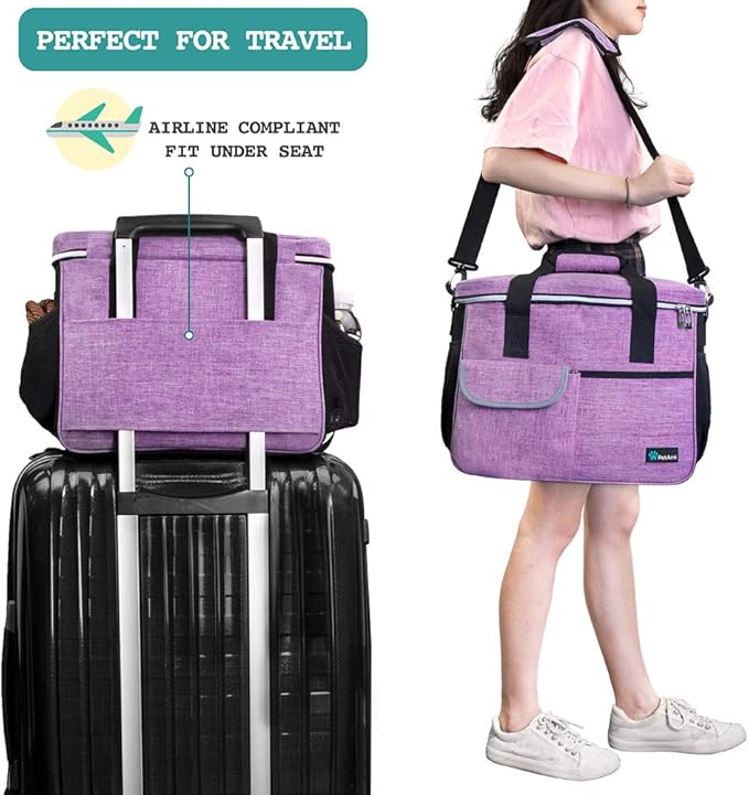PetAmi Dog Travel Bag Organizer, Pet Travel Kit with 2 Food Containers & 2 Collapsible Dog Bowls, Pet Supplies Tote with Luggage Sleeve, Weekend Road Trip Camping Essentials, Purple, Medium