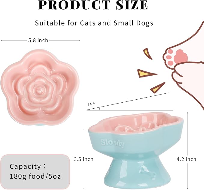 S&Q's CERAMICS Raised Slow Feeder Cat Bowl, Ceramic Elevated and Titled Glass Food Bowl Small Dogs Slow Feeder, Flower Shaped Cute Cat Dish for Dry and Wet Food (Pink, 5.8")