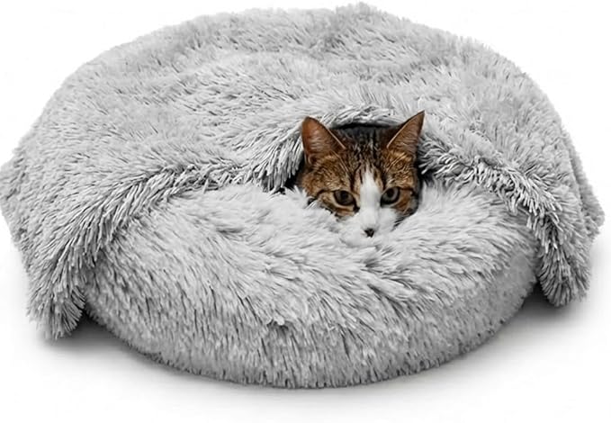 Whiskers & Friends Cat Beds for Indoor Cats, Fluffy Calming Donut Cat Bed, Small Dog Bed Washable - Orthopedic Soft Plush Pet Beds Sized for Kitten to Large Cats & Puppy to Small Dogs - Light Grey C