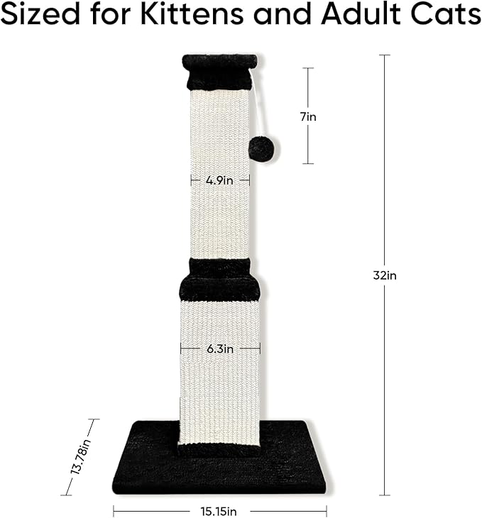 Cat Scratching Post, 32 Inch Cat Scratching Posts for Large Cats, Scratching Posts for Indoor Cats Adults, Cat Scratch Post with Nature Sisal, Black and White