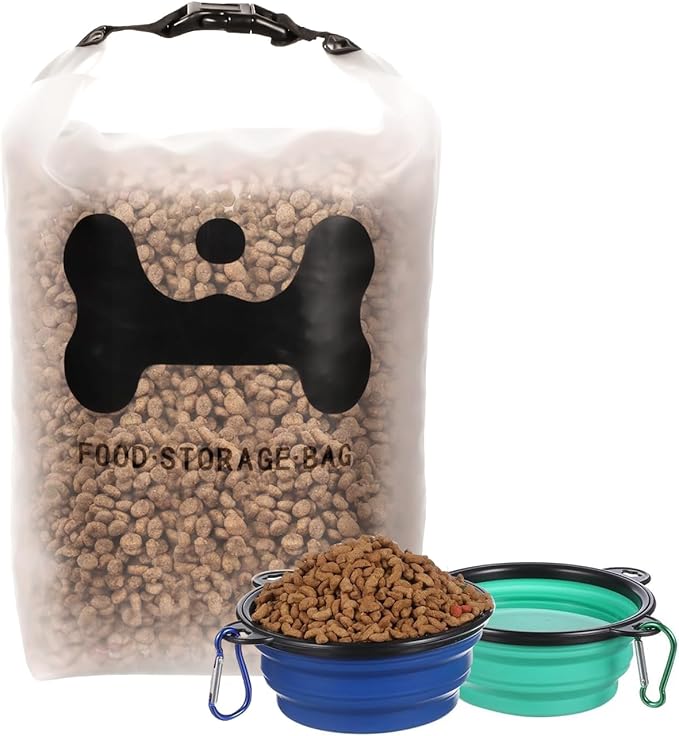 ANVS Silicone Pet Food Storage Bag,14-Cup Dog Food Bag with 2PCS Collapsible Travel Bowls, Perfect for Camping Trip, Dog Boarding, Weekend Getaways and Travel