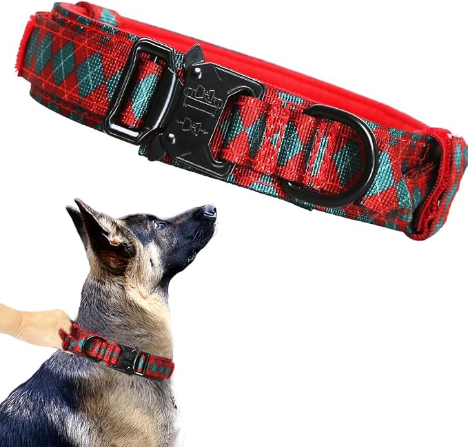 Christmas Tactical Dog Collar Adjustable Nylon Dog Collar Metal Buckle with Handle for Dog Training (Christmas Green,M)
