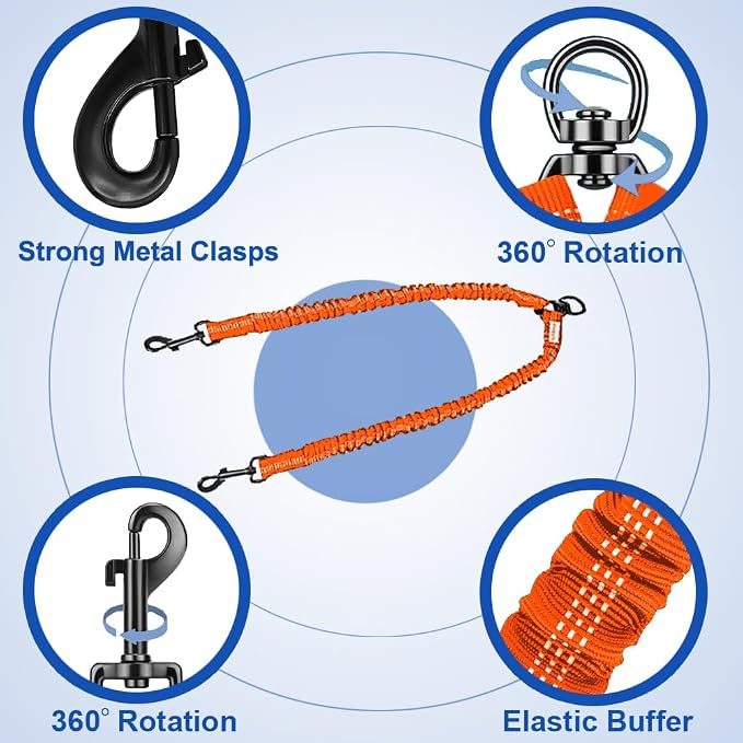 MingXpets Double Dog Leash, Dual Dog Leash, 360° Swivel Tangle Free Bungee Walking Training for Large Medium Dogs, Shock Absorbing Bungee Reflective for Two Dogs, 18~120 lbs, Orange