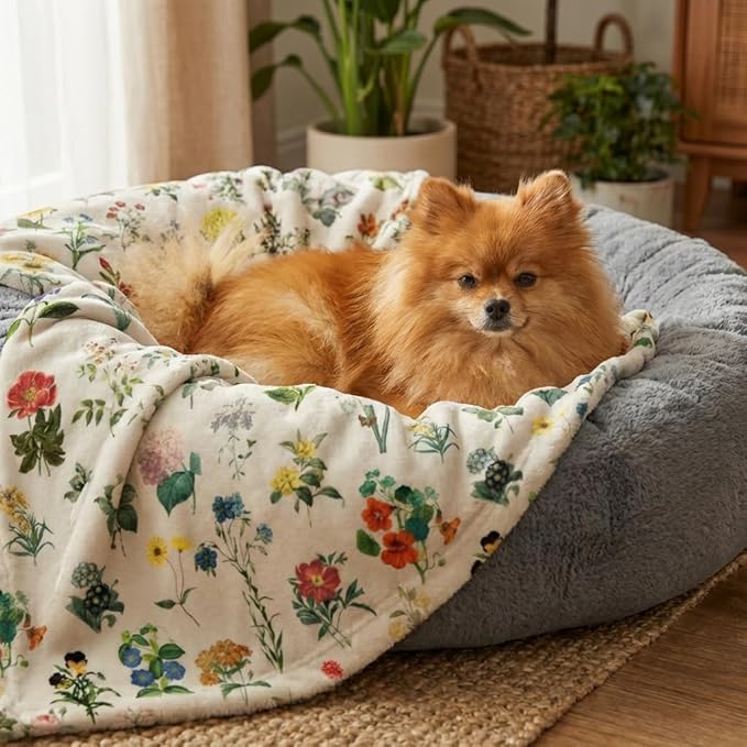 Horaldaily Pets Flannel Blanket, Spring Summer Vintage Flowers Soft Fuzzy Fluffy Plush Cozy Fleece Premium Blankets for Dog Cat Puppy Kitten Couch Protection, 30x40