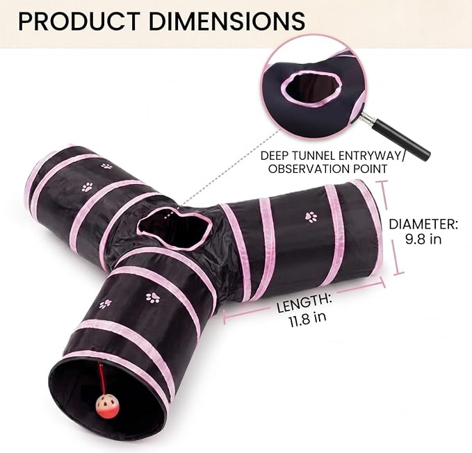 Cats Bunny Tunnel Tube Pink,3 Way Collapsible Small Animal Play Tunnel Toys with Ball for Indoor Cat Kitten Bunny Rabbit Ferret Small Animals (Black@Pink)