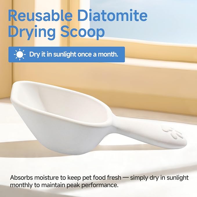 Diatom Drying scoop 1/4 Cup for Pet Food, Keep Food Fresh Desiccant to Dry Deodorization Rapid Water Absorption, Pet Food Scoop for Dog Cat, Comfortable Long Handle for Easy to Scoop Food
