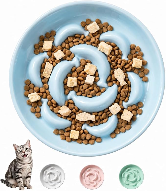Ceramic Cat Slow Feeder Bowl - 6.3'' Wide Opening Whisker Friendly Cat Plate for Dry and Wet Food - Cute Maze Feeder Dish Helps Reduce Vomiting - Microwave and Dishwasher Safe - Blue