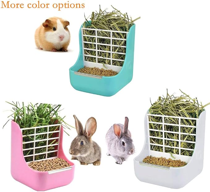 Rabbit Supplies with Bowl & Hay Feeder - Accessories for Bunnies & Guinea Pigs, 6x6x7 Inches (White)