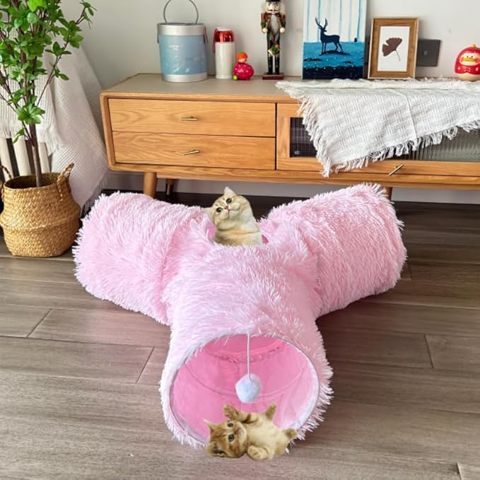 3-Way Collapsible Cat Tunnel Tube Toy Pink Plush — Interactive Play Tunnel with Hanging Ball & Peek Hole for Indoor Cats, Kittens, Puppies & Rabbits | Hours of Fun & Exercise