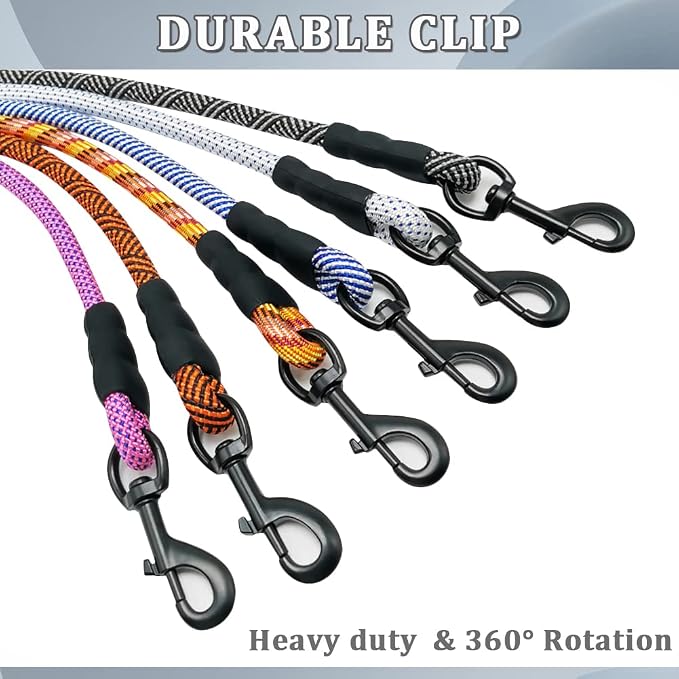 MayPaw Heavy Duty Rope Dog Leash, 3/4/5/6/7/8/10/12/15 FT Nylon Pet Leash, Soft Padded Handle Thick Lead Leashes for Large Medium Dogs (Pink-Blue dot, 1/2" * 8')