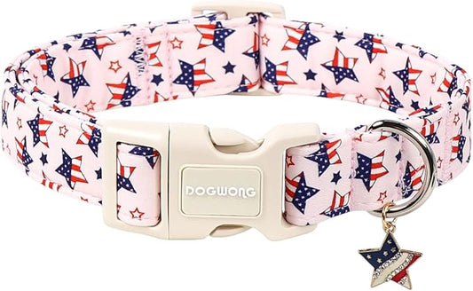 4th of July Independence Day Dog Collars for Large Dogs, Adjustable Breathable Pink Blue American Flag Star Dog Collar for Small Dogs, L