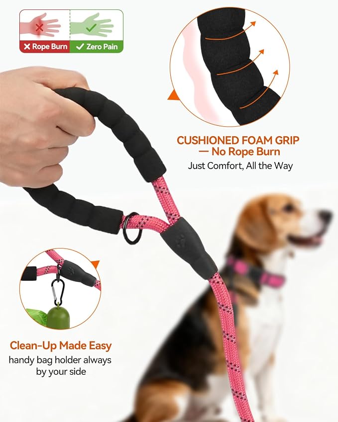 Joytale Dog Leash for Small Dogs, Heavy Duty Nylon Leashes with Comfortable Padded Handle and Highly Reflective Threads, Ideal for Walking and Training, Pink, 5'×3/8''