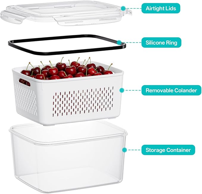 HOMETALL 5 Pack Fruit Storage Containers for Fridge Set, Fruit Washing Bowl with Strainer, Reusable Fridge Organizers and Storage for Berry Salad Lettuce, Size 4.5, 3.4, 1.8, 0.9, 0.4QT