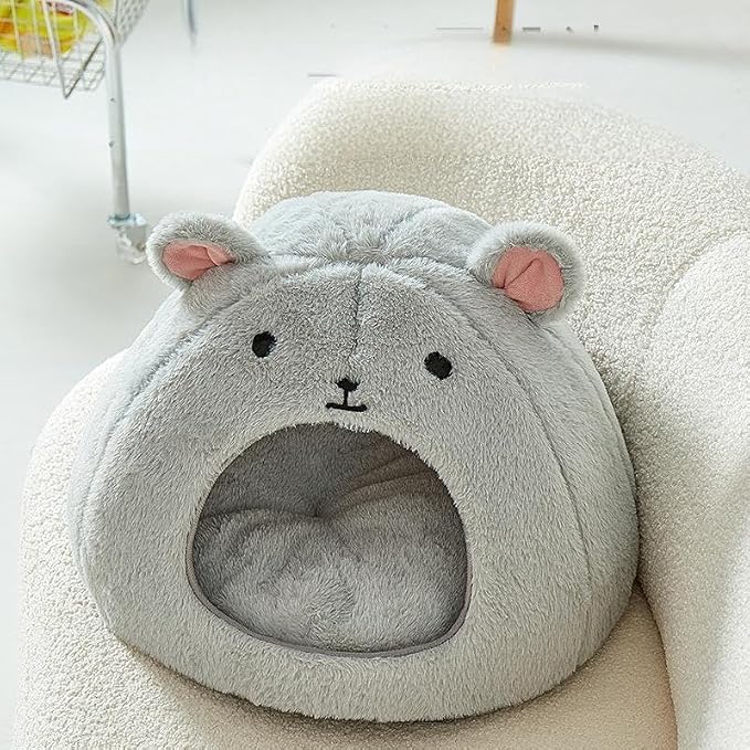 Cozy Mouse Ear Pet Cave Bed Ultra-Soft Gray Plush cave Bed, Cat Cave Beds Cat House Cat Tent with Removable Washable Cushioned Pillow, Cat Beds&Dog Beds,Perfect for Small & Medium Pets