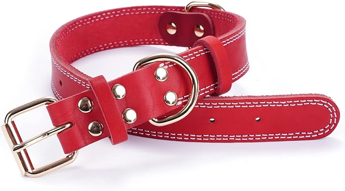 Genuine Leather Dog Collar,Heavy Duty Dog Collar for Small,Medium,Large and Extra Large Dog (XL: 1.4" Wide for 18.6"-25.8" Neck,Dual Stitch - Red)