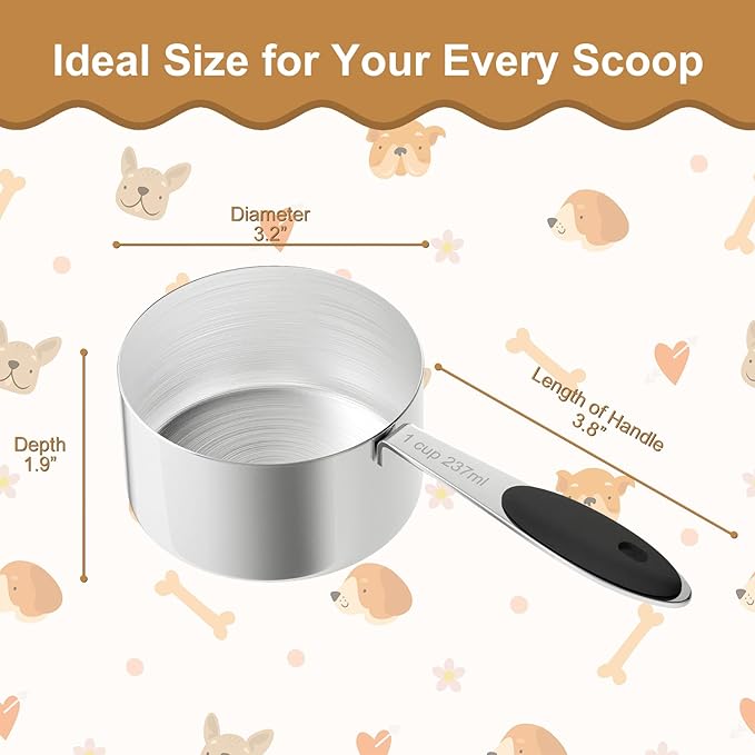 LEIFENY 1 Cup Dog Food Scoop, Stainless Steel Scooper for Feeding Pet, Cat, Dog, Rabbit, Bird, Long Handle, Dishwasher Safe