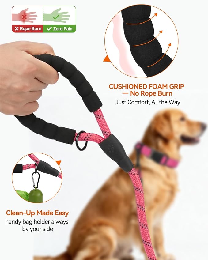 Joytale Dog Leash for Large Dogs, Heavy Duty Nylon Leashes with Comfortable Padded Handle and Highly Reflective Threads, Ideal for Walking and Training, Pink, 5'×1/2''