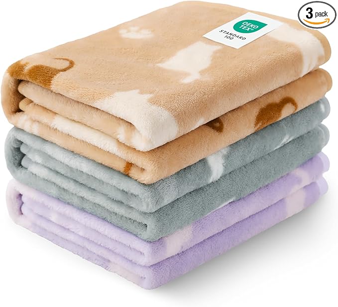 Luciphia 1 Pack 3 Dog Printed Fleece Pet Blankets Washable，Soft Warm Throw Covers for Crate Couch Bed，Cozy Puppy Essentials for Dogs and Cats，Purple/Grey/Khaki, Large (41x31 inch)