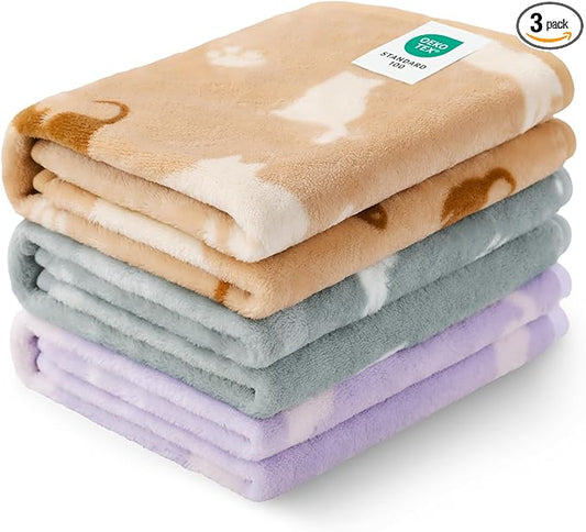 Luciphia 1 Pack 3 Dog Printed Fleece Pet Blankets Washable，Soft Warm Throw Covers for Crate Couch Bed，Cozy Puppy Essentials for Dogs and Cats，Purple/Grey/Khaki, Large (41x31 inch)