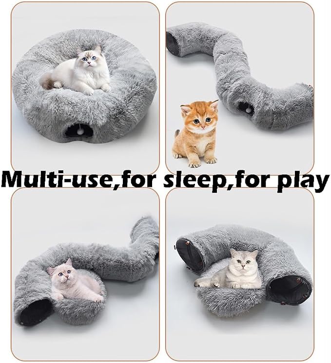 Cat Bed Tunnel Tube Toy Grey Plush Round, Collapsible Pet Tunnels for Indoor Cats, Interactive Toys Play Tubes with Hanging Ball for Fun Playtime & Exercise for Kitten, Puppy, Rabbit