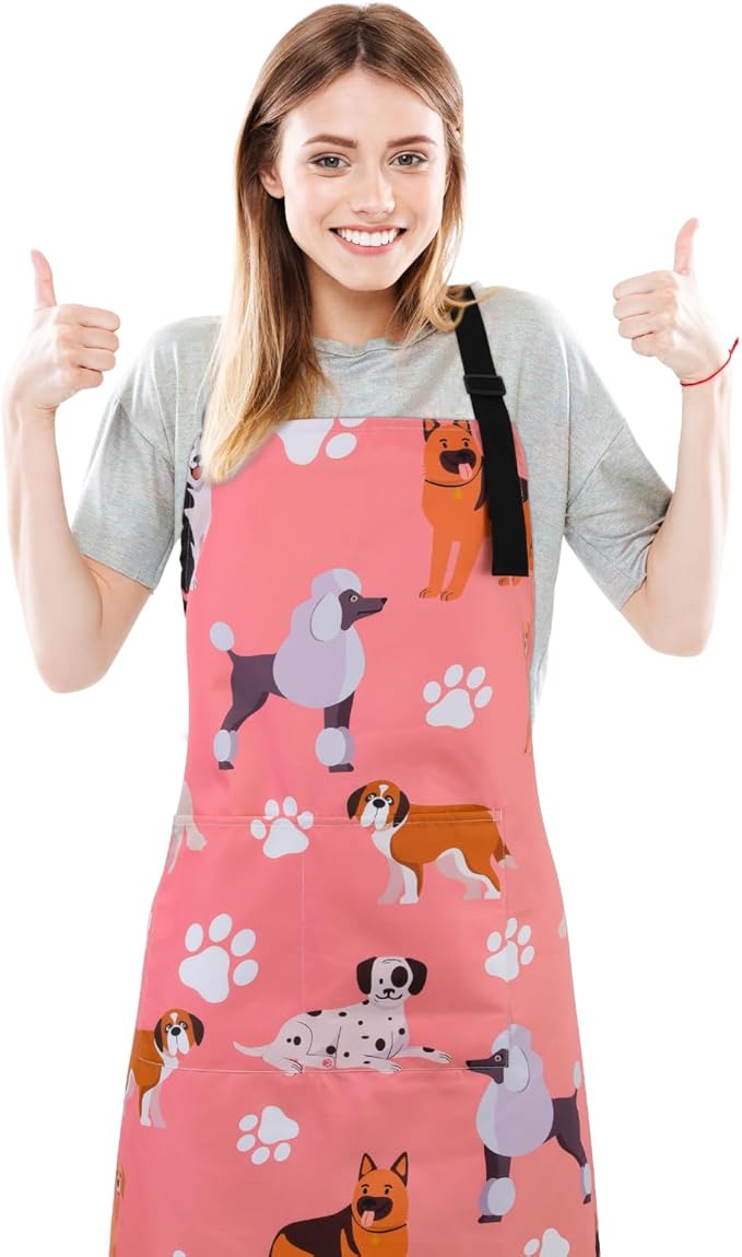 Dog Grooming Waterproof Apron with 2 Pockets, Cute Animals Puppy Dog Pets Apron