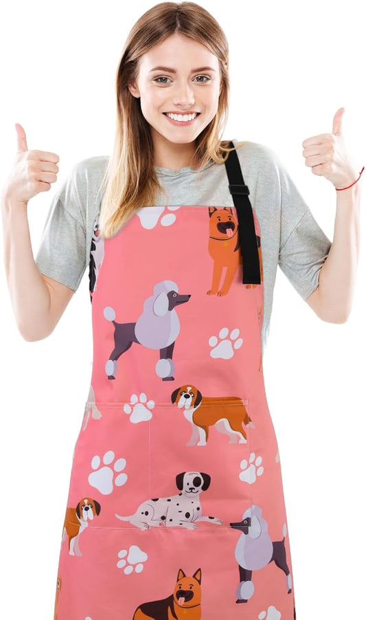 Dog Grooming Waterproof Apron with 2 Pockets, Cute Animals Puppy Dog Pets Apron