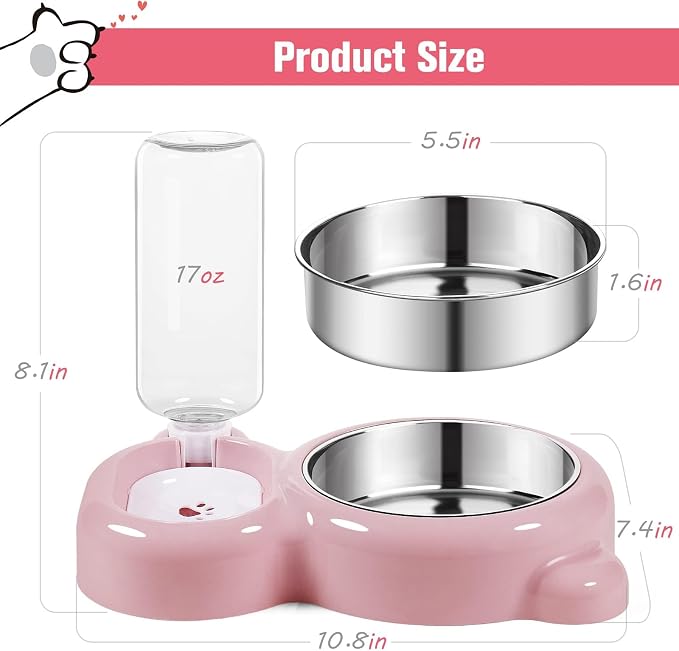 Double Dog Cat Bowls, Cat Food and Water Bowl Set with Auto-Water Dispenser and Stainless Steel Bowl Feeder for Small Size Dogs & Cats, Anti-Slip & Splash Design, Cute Pink