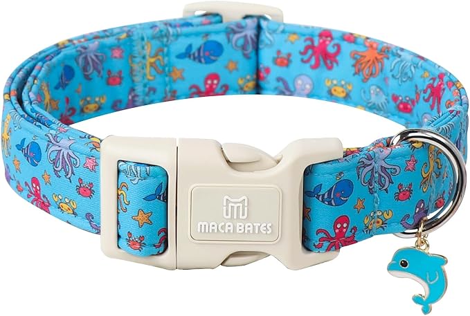 Maca Bates Summer Cute Sea World Dog Collar for Large Boy Girl with Dolphin Charm,Blue Nautical Fish Octopus Pattern,Adjustable Durable Soft Birthday Gift Collars for Male Female Puppy