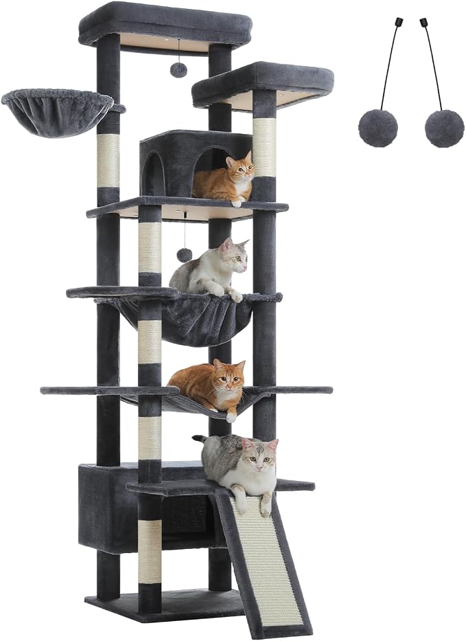 MUTTROS 81" Heavy Duty Cat Tree for Large Cats up to 20lbs - Extra Tall Cat Tower with Metal Frame Hammock, 6 Sisal Scratching Posts, 2 Perches - Indoor Cat Furniture for Maine Coon, Dark Gray