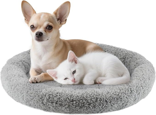 Cat Bed Mat 19.5" Round Pad with Pillow Around, Warm Plush Cushion for Small to Medium Dogs Cats Sleep/Nap, Neck Protection Mattress, Non-Slip Washable, Large