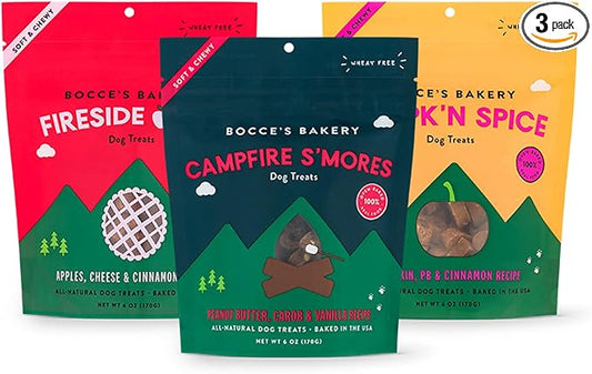 Bocce's Bakery by The Fire Assorted Treat Bundle for Dogs, Wheat-Free Everyday Dog Treats, Made with Real Ingredients, Baked in The USA, Natural Soft & Chewy Cookies, 6 oz Each