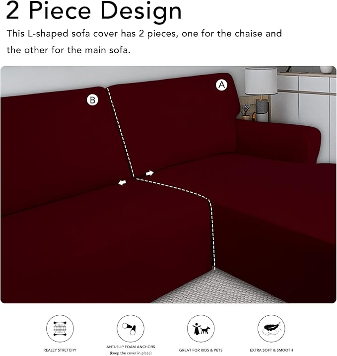 PureFit Super Stretch Sectional Couch Covers - 2 pcs Spandex Non Slip Sofa Covers with Elastic Bottom for L Shape Sectional Sofa Couch, Great for Kids & Pets (3 Seat Sofa + 3 Seat Chaise, Wine)