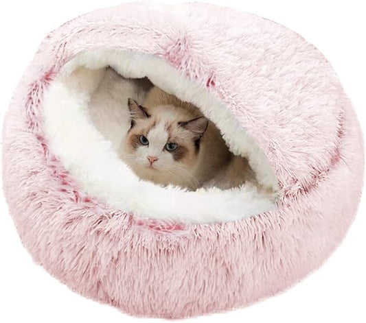 SUOXU Anti-Anxiety Cat Bed, Plush Hooded Cave, 20 in Diameter, Suitable for Small to Medium Pets, Pink