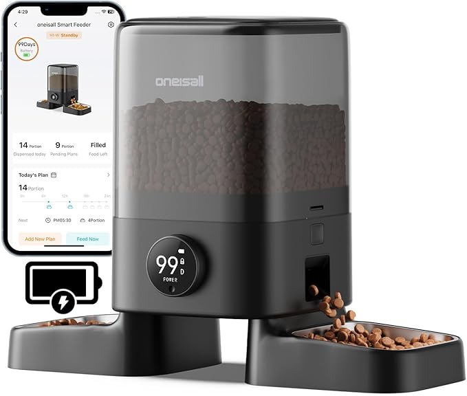 oneisall Cordless 2.4Ghz WiFi Automatic Cat Feeder for 2 Cats, Rechargeable 100-Day Battery Operated Auto Cat Feeder, 20 Cups/5L Timed Cats Food Dispenser Automatic for Large Kibble, Smart App Control