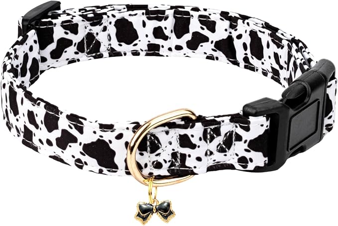 Cotton Dog Collar,Soft and Cute Puppy Collars with Crow Patterned Design for Girl Female Boy Dogs,Adjustable Buckle Pet Collar for Small Medium Large Dogs (Cow Print, Medium)