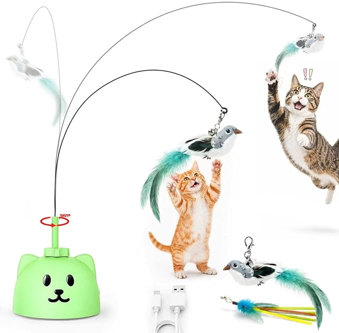 CATPICK Interactive Cat Toys for Indoor Cats - Automatic Flying Bird Feather Toy, USB Rechargeable Electric Cat Teaser with Strong Sticky Base, Smart Motion Self-Play Toy for Bored Cats(Green)