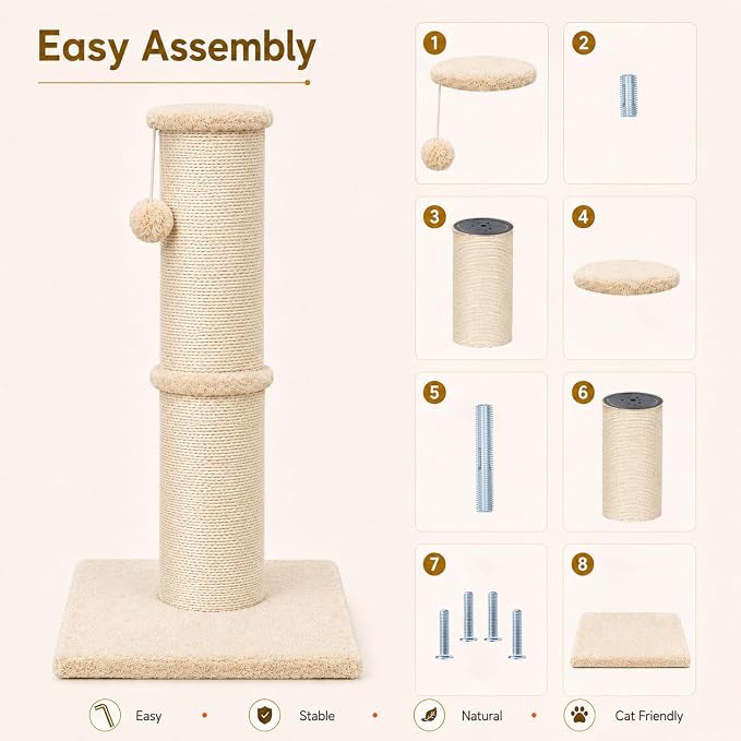 PAWSCRAT Cat Scratching Post 32 Inch High, 5.5 Inch Large Diameter Natural Sisal Cat Scratch Post, Scratch-Resistant and Durable Tall Cat Scratcher for Indoor Cats, Protect Your Furniture, Beige