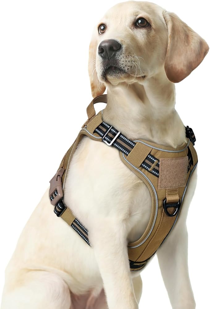 rabbitgoo Tactical Dog Harness for Large Dogs No Pull Adjustable Military Vest with Handle MOLLE Reflective Heavy Duty Dog Vest for Walking Training Hunting Outdoor Working Medium Size Dog Brown M