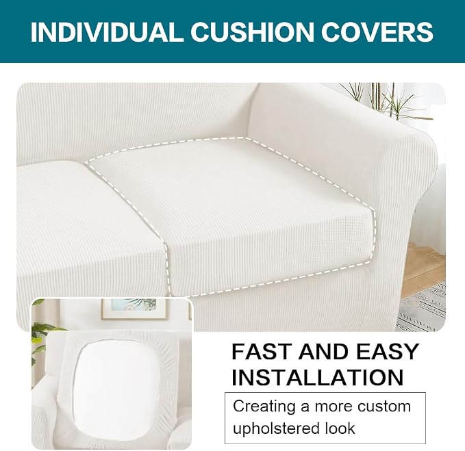 Turquoize 4 Piece Sofa Covers for 3 Cushion Couch Sofa Slipcover Soft Couch Cover for Dogs Washable Furniture Cover with 3 Individual Large Cushion Covers Feature Fabric (Large Sofa, Porcelain White)