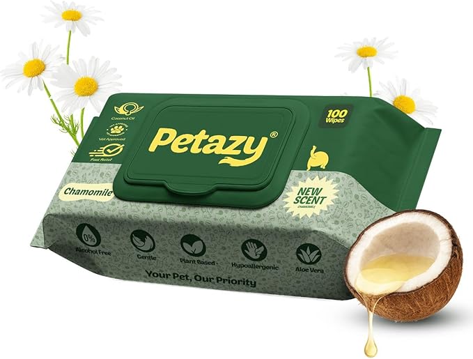 Petazy Pet Wipes for Dogs and Cats – 100 Count (8x8in) Hypoallergenic, Deodorizing Dog Wipes for Paws, Ears and Butt | XL with Aloe & Coconut Oil, Chamomile Scented | Travel Size, On-the-Go Pack