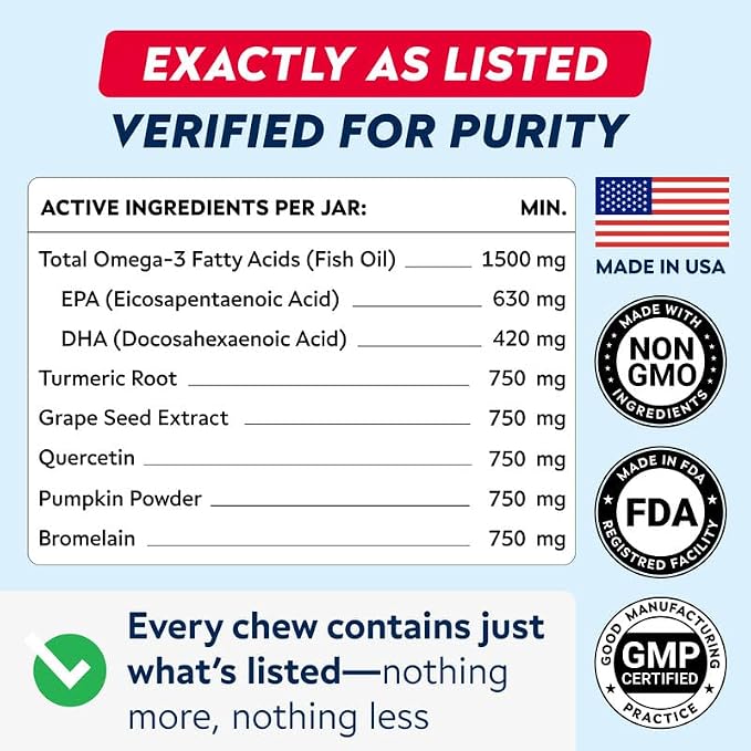 StrellaLab Dog Allergy Relief & Anti Itch Support Chews w/Omega 3: Real Ingredients, Real Taste! Skin & Coat Immune w/Fish Oil, Pumpkin & Enzymes — Developed by Experts - Made in USA - 60Ct