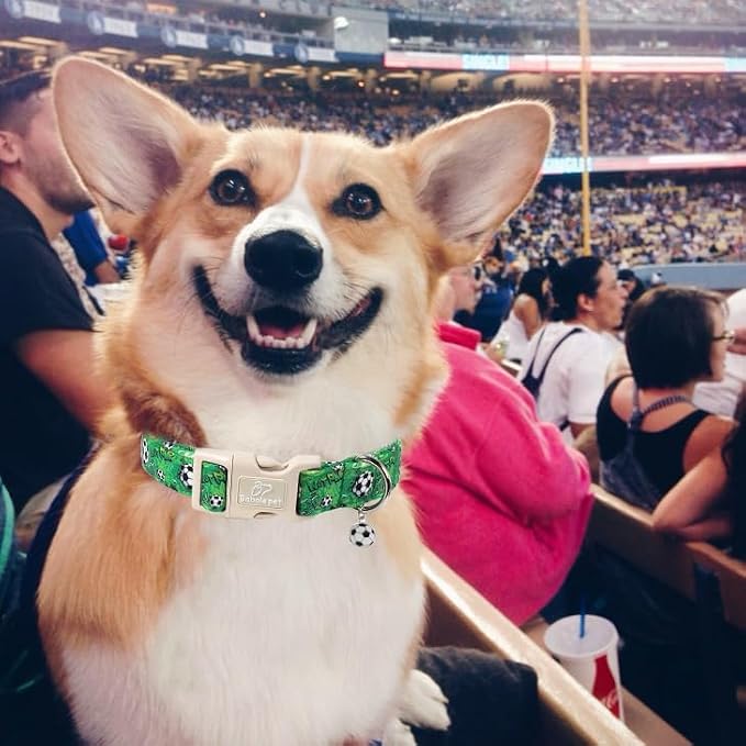 Soccer Dog Collar, Cute Boy Dog Collars for Medium Dogs - Green Sports Themed Cotton Male Dogs Collar, Soft Adjustable Daily Pet Collars with Quick Release Buckle M