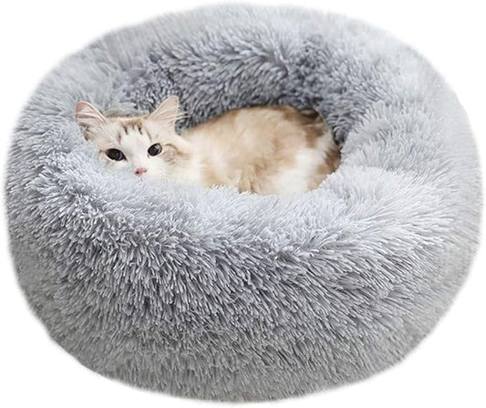 Modern Soft Plush Round Pet Bed for Cats or Small Dogs, Mini Medium Sized Dog Cat Bed Self Warming Autumn Winter Indoor Snooze Sleeping Cozy Kitty Teddy Kennel (24'' D x 8'' H, Light Grey)