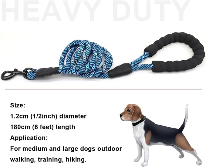 MayPaw Rope Dog Leash 3/6/8/10/12/15/20/30 FT, Heavy Duty Nylon Pet Leash, Soft Padded Handle Thick Lead Leashes for Large Medium Dogs (1/2" * 6', Blue Black)