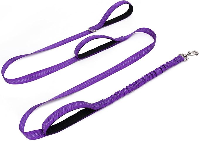 BTINESFUL 8ft Dog Leash with 3 Handles, Triple Handle, Reflective, Shork Absorbing Bungee, Control & Safety Training for Large Medium Dogs (Purple, 1 in x 8 ft)