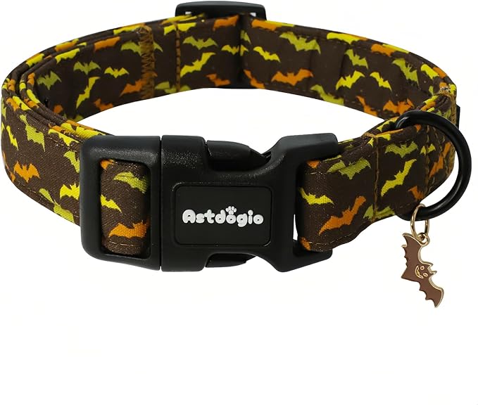 Fall Dog Collar, Halloween Dog Collars for Medium Dogs, Cotton Puppy Collar with Bat Pattern, Pet Collar for Small Medium Large Dogs, Girl Boy Dogs Collar with Quick Release Buckle-M