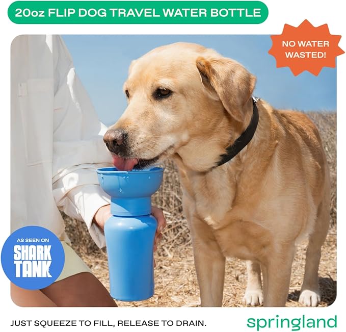 Springer Flip Dog Water Bottle | Portable Drinking Feeder with Foldable Food-Grade Silicone Bowl | One-Hand Squeeze & Leak-Proof | Walking, Hiking & Camping | Puppy Essentials